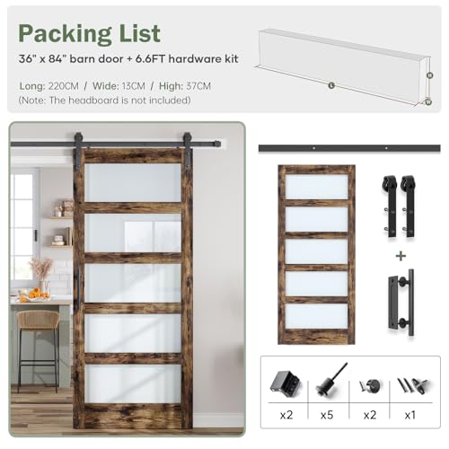36x84 Inch Glass Sliding Barn Door Slab and 6.6ft Hardware Kit Included, 5 Frosted Glass, LVL Wood Panel Covered with White Water-Proof Scratch-Proof PVC Surface, Simple DIY Assembly