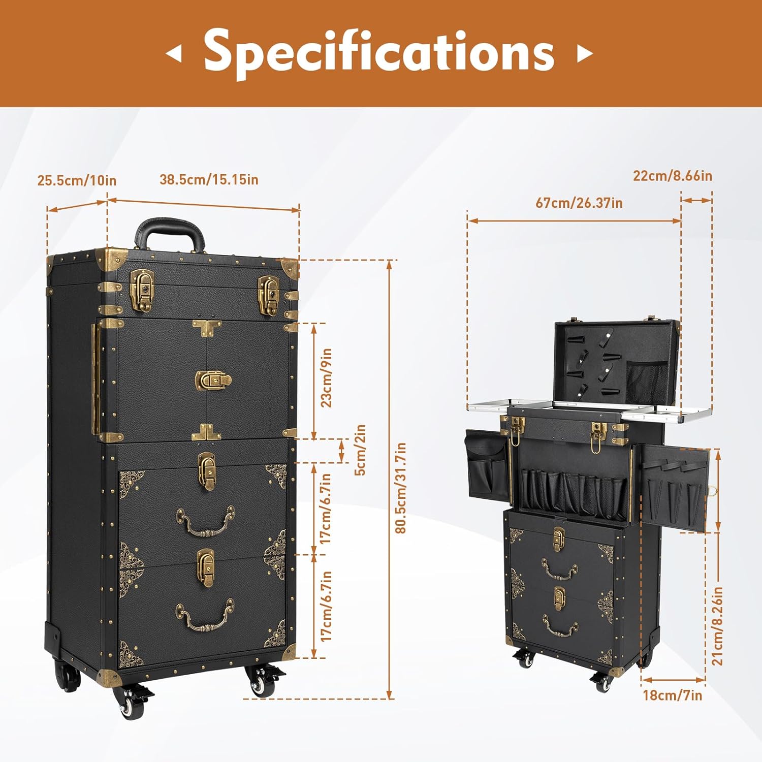 Rolling Makeup Train Case Lockable Cosmetology Case on Wheels Professional Cosmetics Organizer for Hairstylist Nail Technicians Makeup Artist, Aluminum Alloy