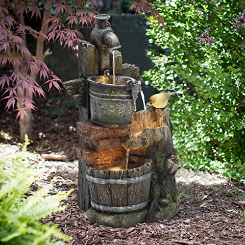 LuxenHome 22.4" Farmhouse Pump and Pots Resin Outdoor Fountain with LED Lights Outdoor and Indoor Water Fountain for Gardens, Landscaping, Patios, Balconies, and Lawns