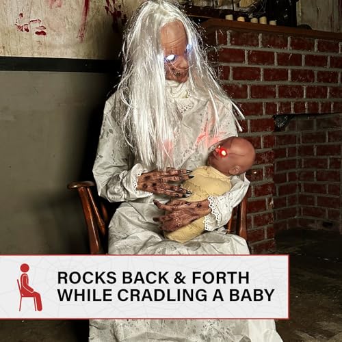 Haunted Hill Farm Life-Size 2.9-Ft Animatronic Gravely Granny by Tekky Halloween Decoration with Motion-Activated Sounds