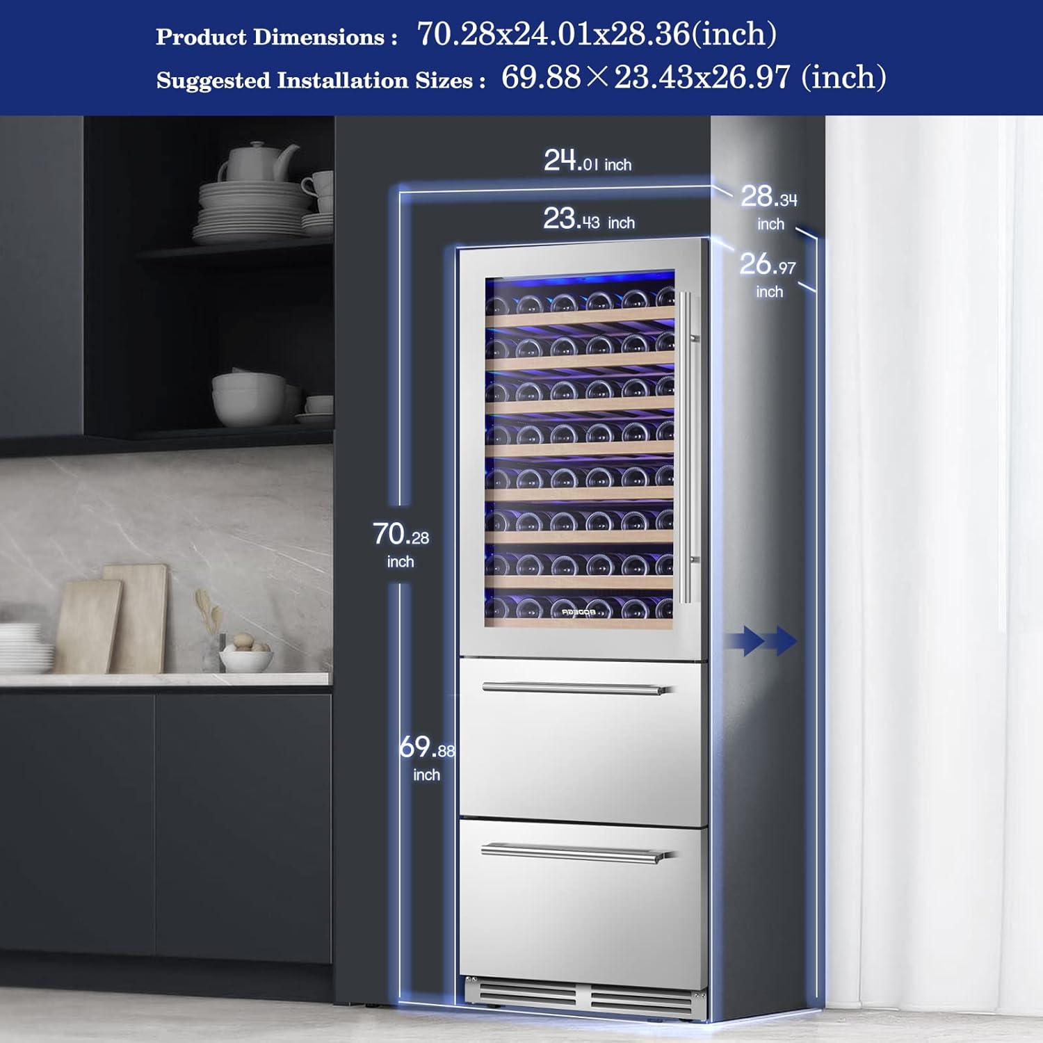 BODEGA Wine and Beverage Refrigerator, 24 Inch 2 IN 1 Dual Zone Wine Cooler,Built-in or Freestanding Beverage Cooler, Soft LED Light Hold 88 Bottles and 149 Cans