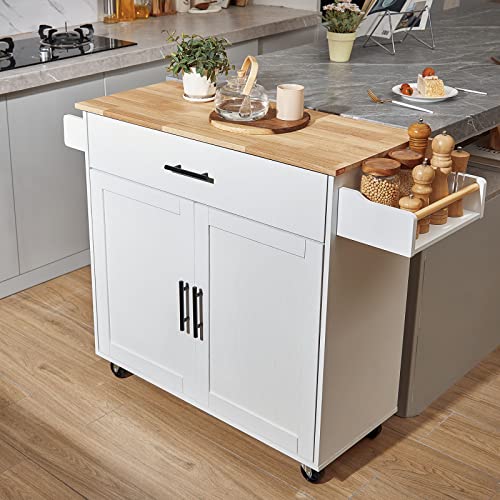 VEVOR Kitchen Island Cart with Solid Wood Top, 35.4" Width Mobile Carts with Storage Cabinet, Rolling Kitchen Table with Spice Rack, Towel Rack, and Drawer, Portable Islands on Wheels, White