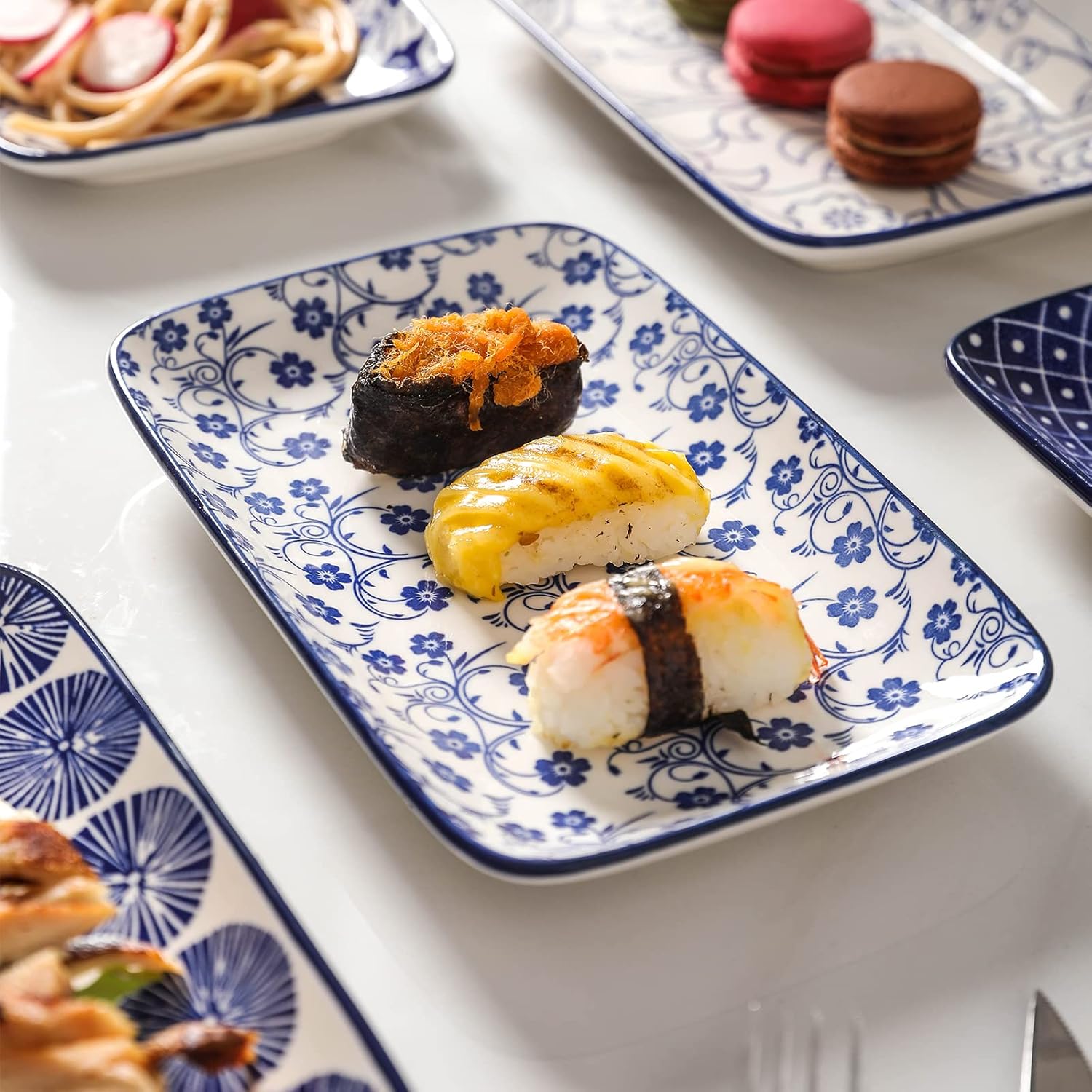 Selamica Ceramic 16 Pieces Dinnerware Set for 4 + 8 Inch Rectangular Salad Plates, Vintage Blue