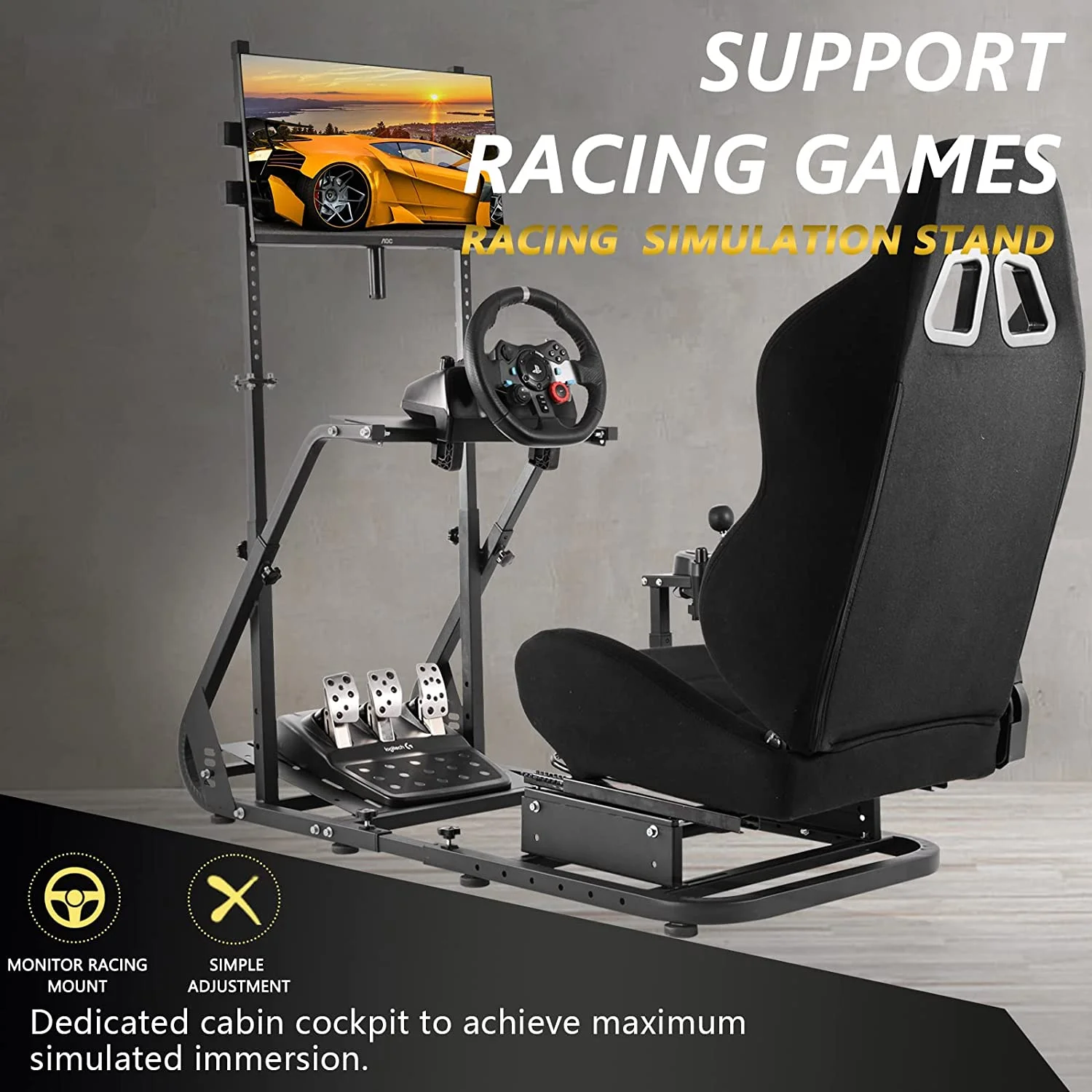 Marada G923 Racing Simulator Cockpit with Monitor Stand Game Seat Fit for Logitech G920 T500 Fanatec