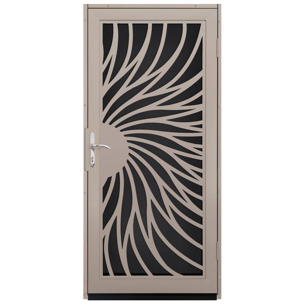 Unique Home Designs 36 in. x 80 in. Solstice Tan Surface Mount Steel Security Door with Black Perforated Screen and Nickel Hardw