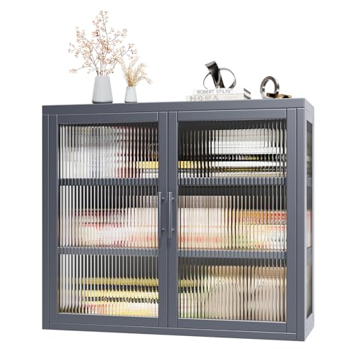 Retro Style Haze Double Glass Door Wall Cabinet with Detachable Shelves for Office, Dining Room,Living Room, Kitchen and Bathroom White