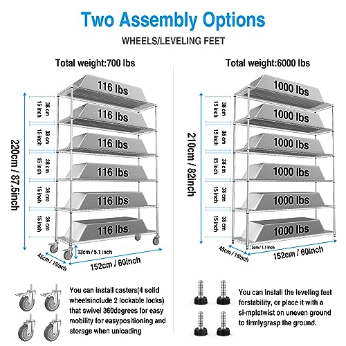 NSF 6 Tier 6000lbs Metal Shelf Wire Shelving Unit, Heavy Duty Adjustable Storage Rack with 5in Wheels and Shelf Liners for Commercial Grade Utility Steel Storage Rack - 18"D x 60"L x 87.5"H - Black