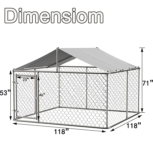 Outside Dog Kennel Pen with Roof, Outdoor Dogs Enclosure Large Galvanized Steel Chain Link Fence Pet House Cage Weather Resistant Heavy Duty for Backyard, 90 x 90 x 65 Inch