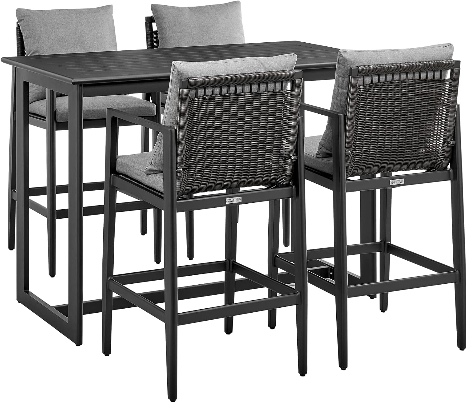 Armen Living Grand Modern Outdoor Patio Bar Table and Stools Set, 5 Piece, Black