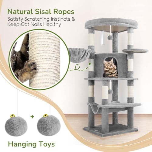 Globlazer Corner Cat Tree for Large Cats, 66inch Tall Curved Series Large Cat Tower for Multiple Indoor Cats with 6 Scratching Posts, 2 Spacious Cat Condos, Hammock, Hanging Basket, C66, Beige