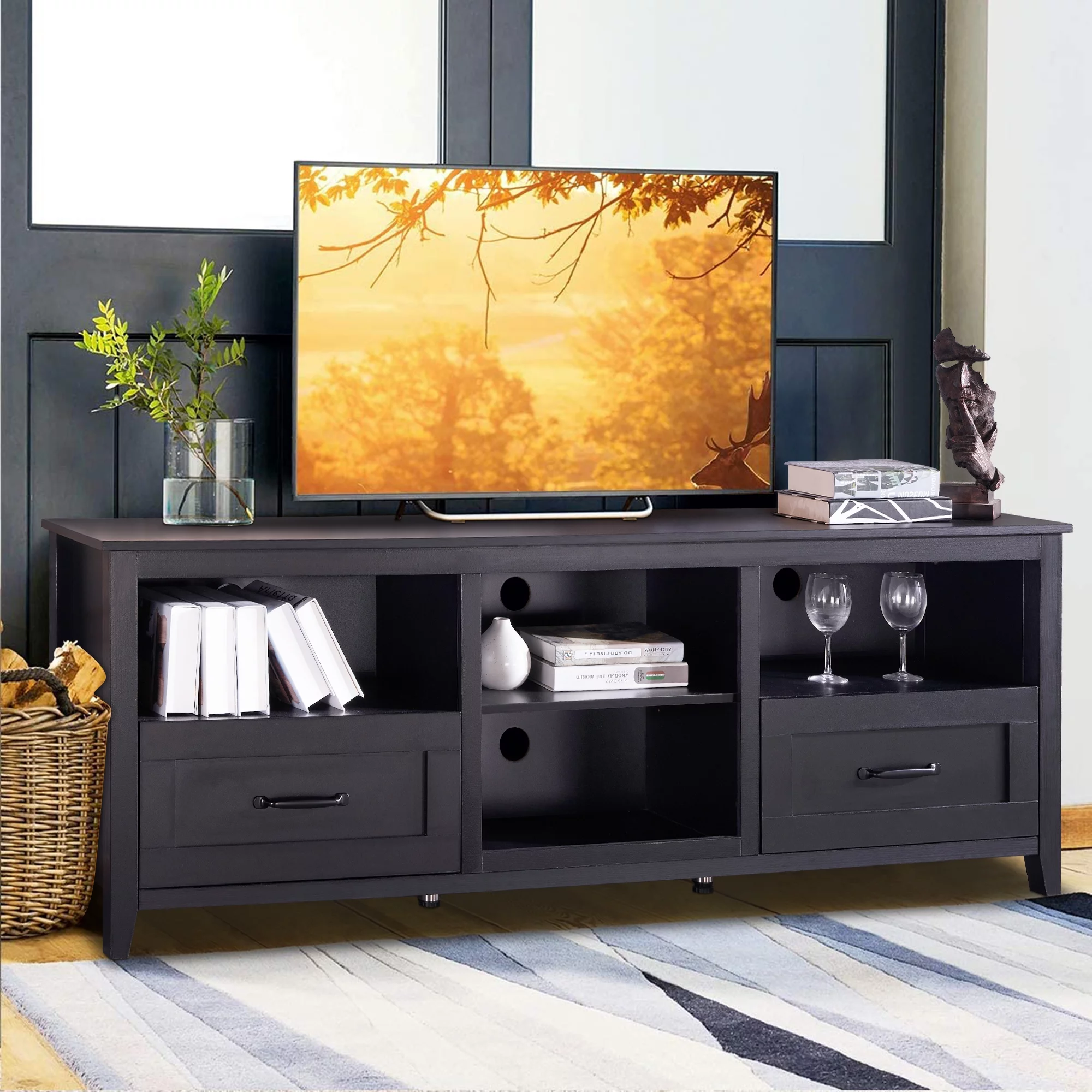 SYNGAR Industrial TV Stand for TV up to 70 inches, Wood TV Console Table Stand with 2 Storage Drawers and 4 Open Compartments, Home Living Room Entertainment Center, Black, 70"L x 15"W x 25"H