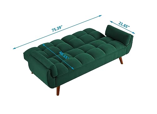 76 Inch Futon Sofa Bed, Modern Tufted Linen Fabric Convertible Sleeper Sofa with Adjustable Positions and Solid Wooden Legs, Comfy Split Back Sofa Couch with Pillow Top Arm for Living Room, Yellow