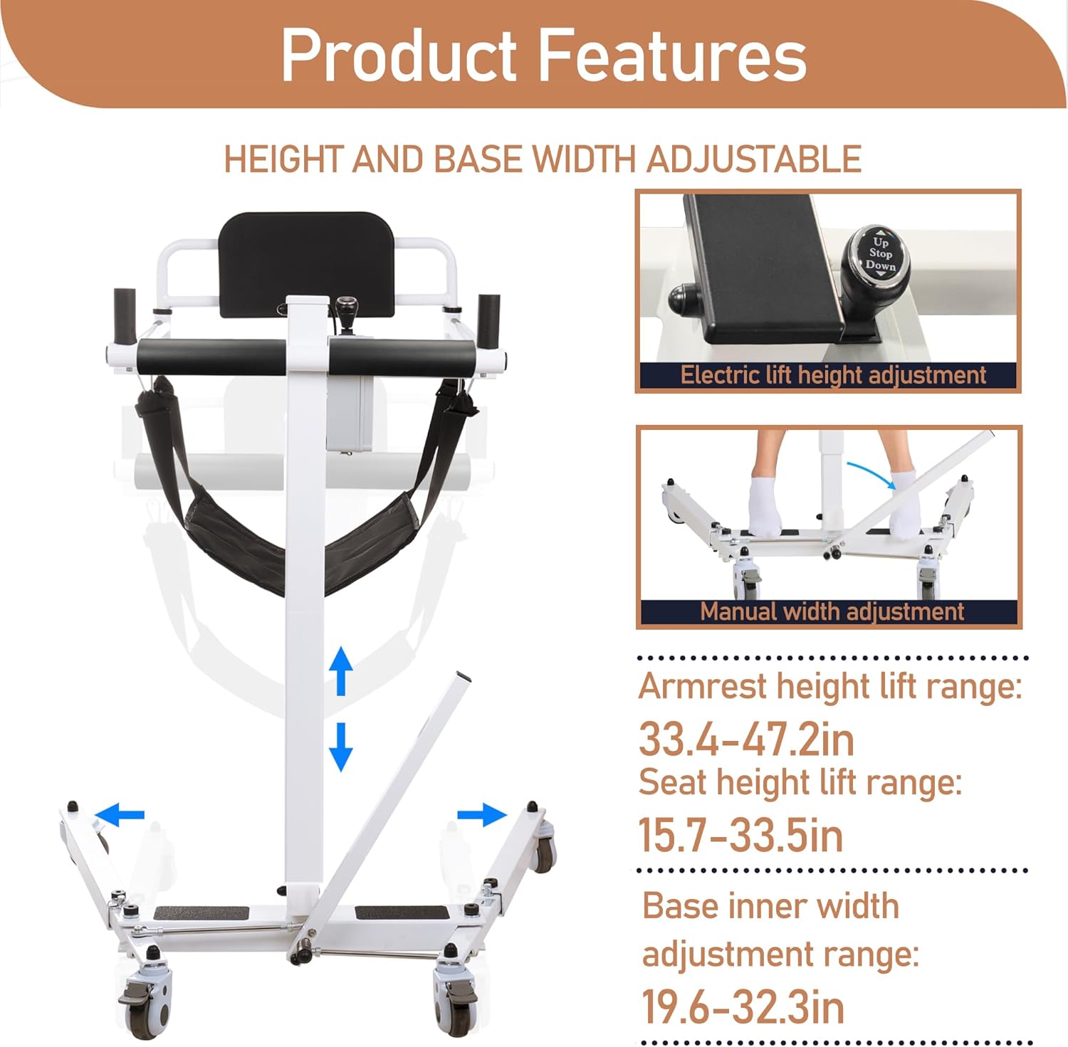Electric Patient Lift Transfer Chair Patient Lift Wheelchair for Home Foldable Portable Patient Lift Chair with Adjustable Base, from Bed to Wheelchair Transfer and Wheelchair to car, White