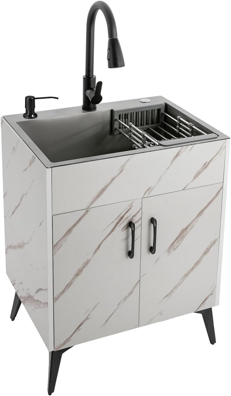 23.62inch Laundry Sink with Cabinet,Stainless Steel Sink with Pull-Out Sprayer Faucet Sink Cabinet Combo for Laundry Room,Utility Room,Bathroom and Kitchen,White