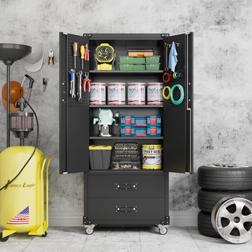 Aobabo 73''H Metal Garage Storage Cabinet with Wheels and Pegboards, 4 Adjustable Shelves Steel Storage Cabinets for Home,Warehouse,Garage,Assembly Required,White