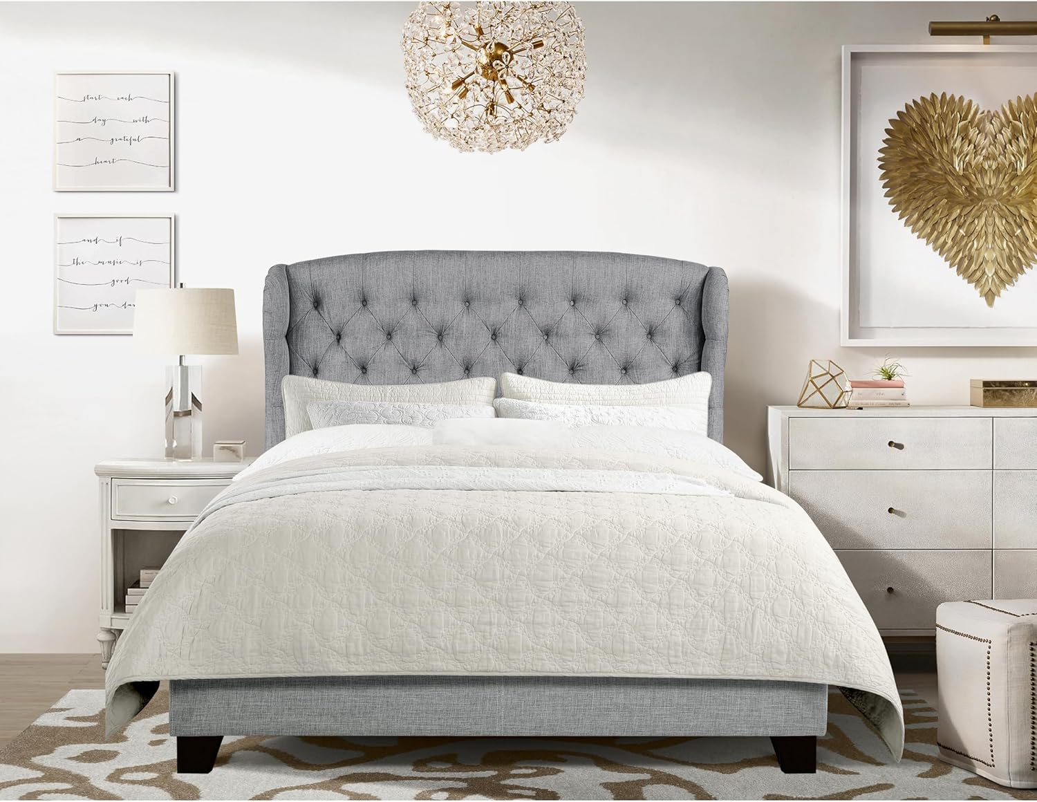 Rosevera Torrey Wingback Bed/Tufted Headboard Adjustable Height Bed Frame/Fabric Upholstered Bed Frame/Wood Slat Support/Easy Assembly,Queen,Linen Gray