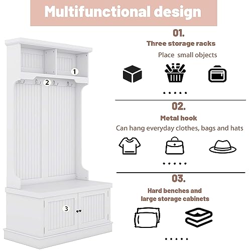 Modern Classic Hall Tree 4-in-1 Design Coat Racks Multi-Functional Entryway Coat Rack with Storage Shoe Bench Tall Hall Tree with 4 Hooks for Entryway,Hallway,Living Room (White)