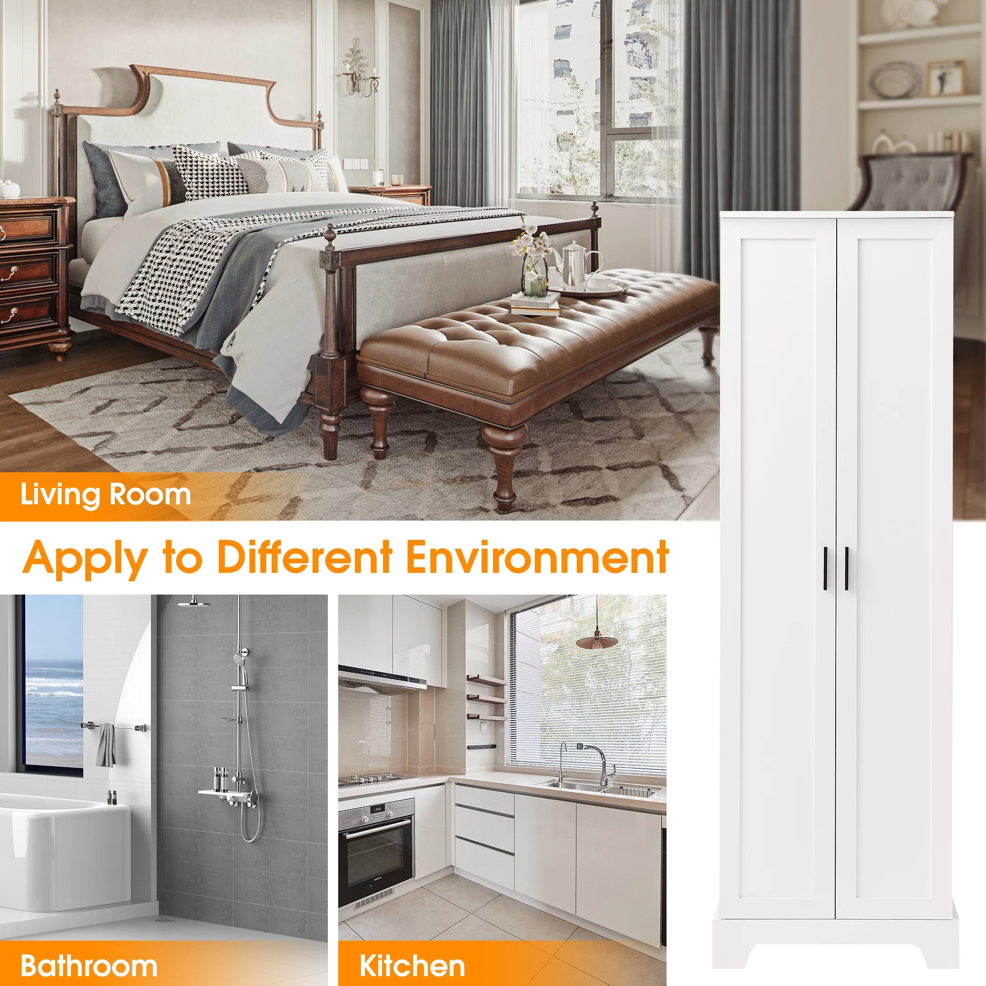 Bellemave Wooden Storage Cabinet with Adjustable Shelves Freestanding Tall Storage Cabinet for Bathroom, Kitchen, Living Room Water Proof Floor Cabinet for Home Office, White