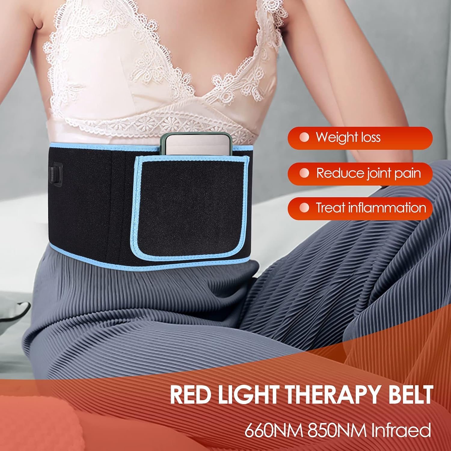 Red Infrared Light Therapy Device, Waist Belt,660nm LED Red Light and 850nm Near-Infrared Light are Used for Pain Relief and Muscle Relaxation,Red Light Therapy for Body(Blue）.