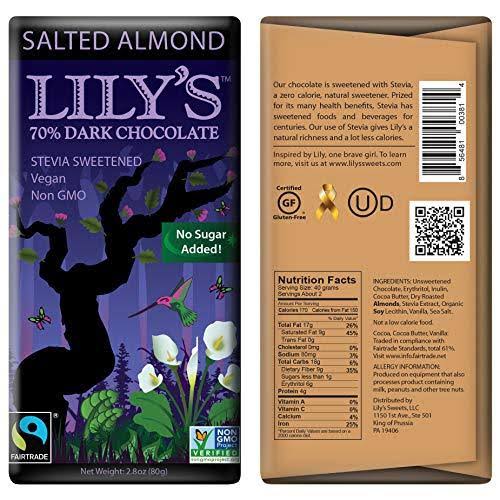 Salted Almond Dark Chocolate Bar by Lily&s Sweets Stevia Sweetened No Added Suga