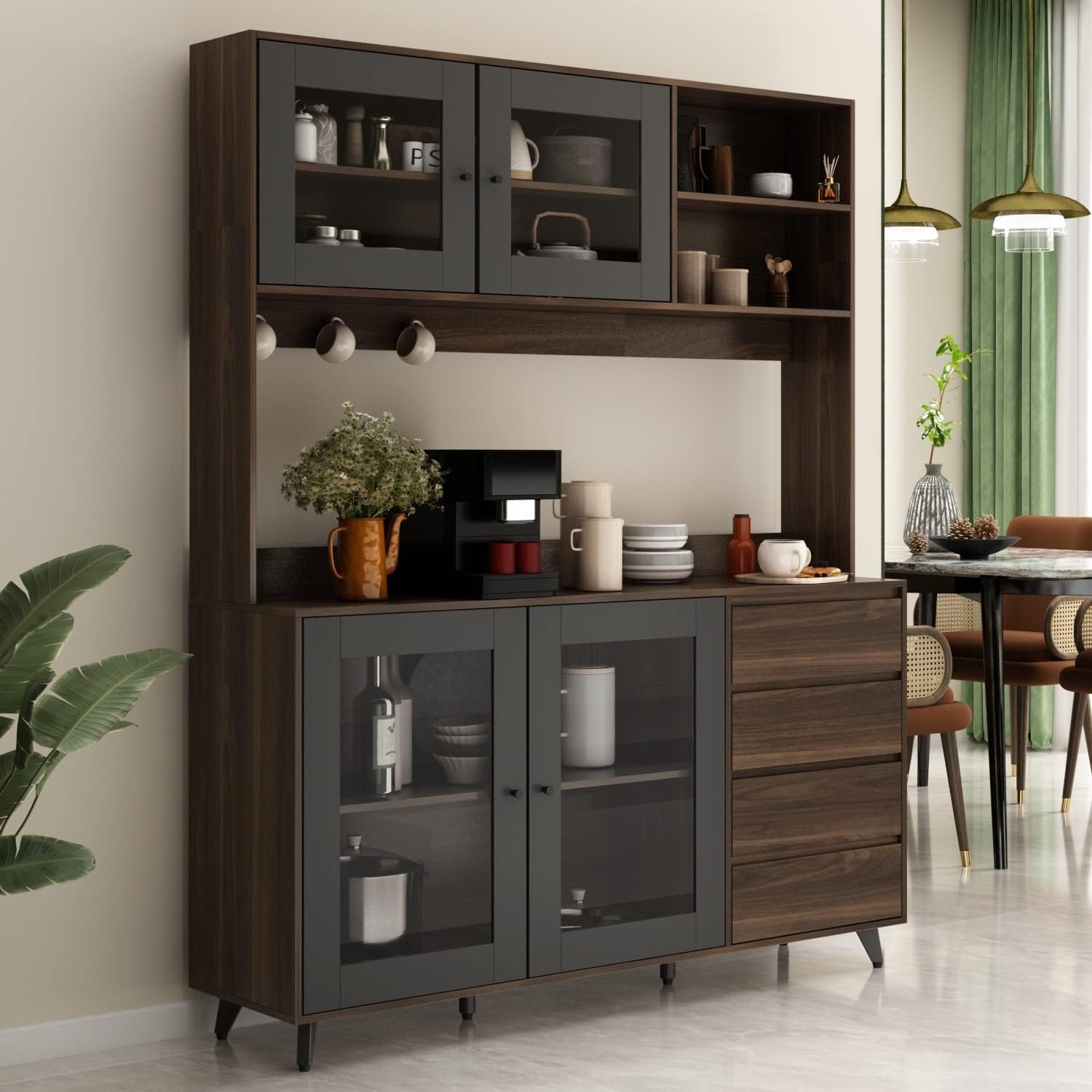 63"W 74.8"W Buffet with Hutch, Freestanding Kitchen Pantry Oak/White