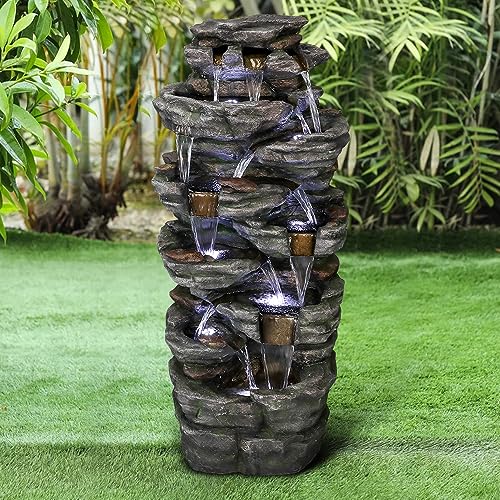watnature Large Outdoor Water Fountain - 47 1/5” H 9-tier Outdoor Garden Fountain with LED Light, Stone-Liking Natural Looking Resin Waterfall Feature for Patio, Garden, Lawn, House&Office Decor