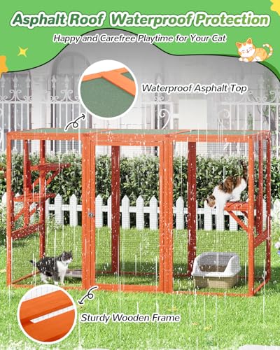 Catio Outdoor Cat Enclosure,71" L Outside Cat House Weatherproof, Wooden Large Catios for Cats Patio, Cat Houses with 3 Platforms,Grey