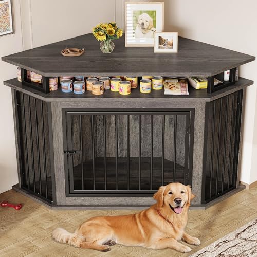 IRONCK 51" Corner Wooden Dog Crate Furniture with 2-Tier Shelves, Pet Kennel for Large Dogs, Space-Saving Dog Cage Indoor, Rustic Brown (26.7" L x 51.2" W x 33.5" H)