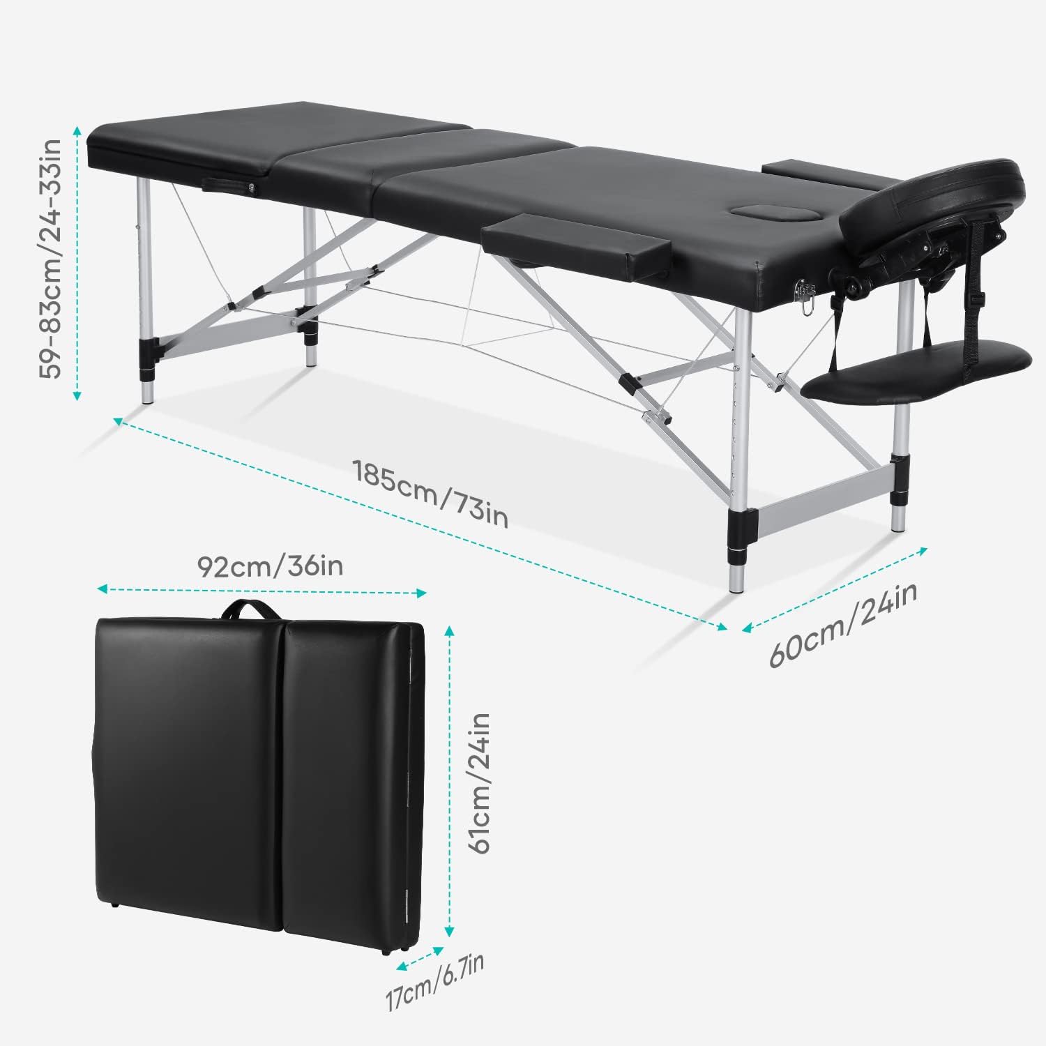 Careboda Professional Massage Table Portable Massage Bed, 3 Section Aluminum Foldable Spa Salon Bed, Comes with Carrying Case & Full Accessories