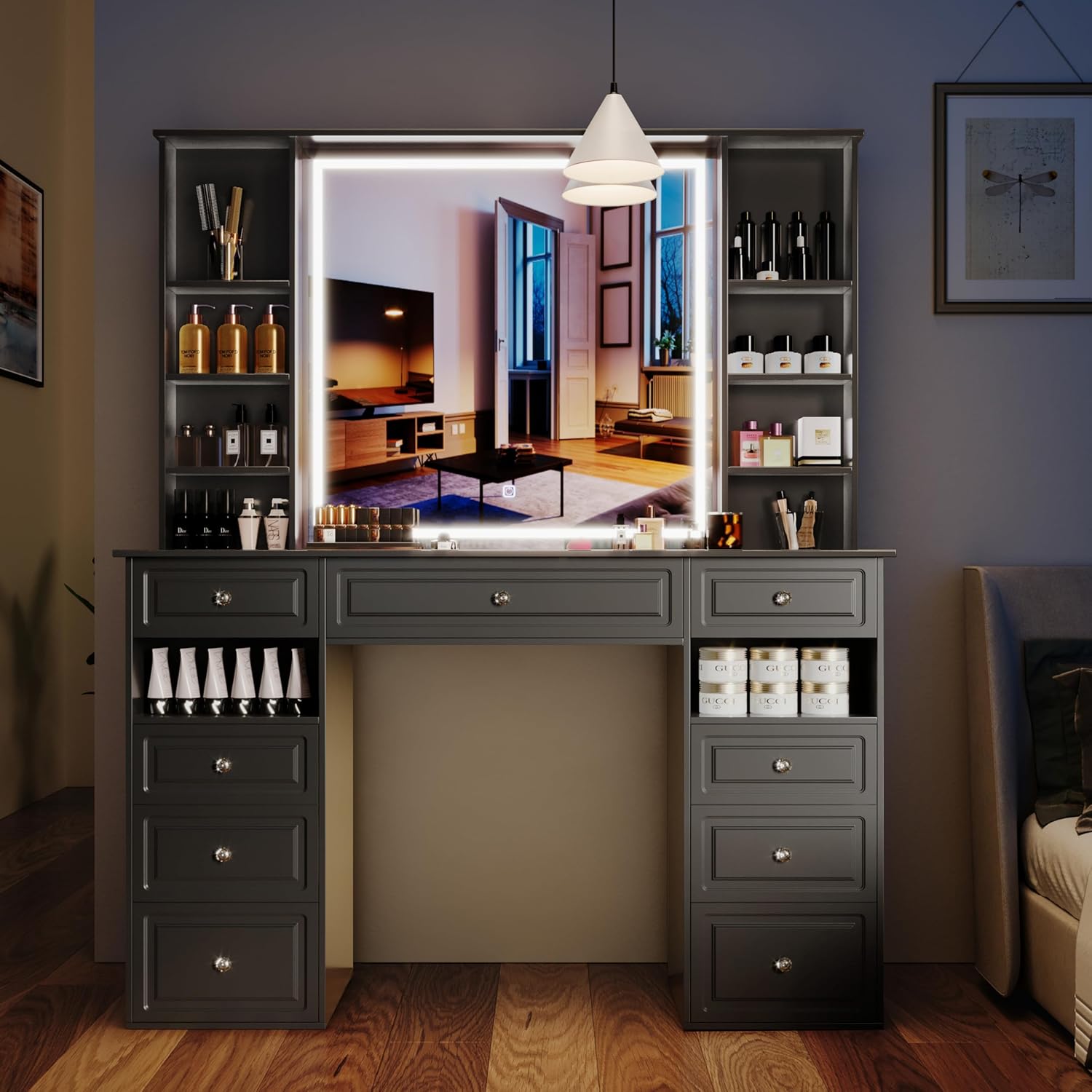 Extra Large Vanity Desk with Lighted Mirror,Huge Desktop Makeup Vanity Table with 9 Drawers,European Style Vanity, Crystal Ball Knobs, Carving Patterns Vanity Makeup Desk for Bedroom(Black)