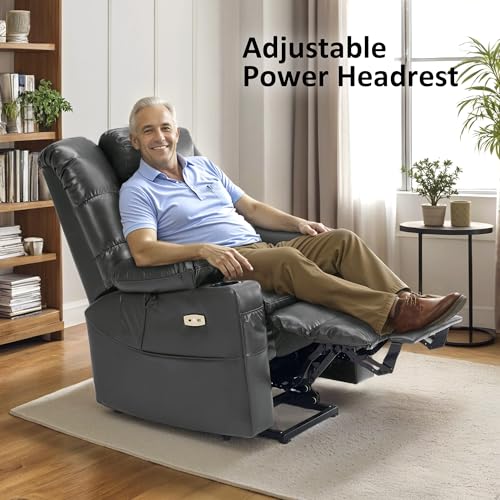 MCombo Large Triple Motor Power Lift Recliner Chair with Massage and Dual Heating, Adjustable Headrest for Tall Elderly People, Faux Leather 7634 (Dark Brown, Large)