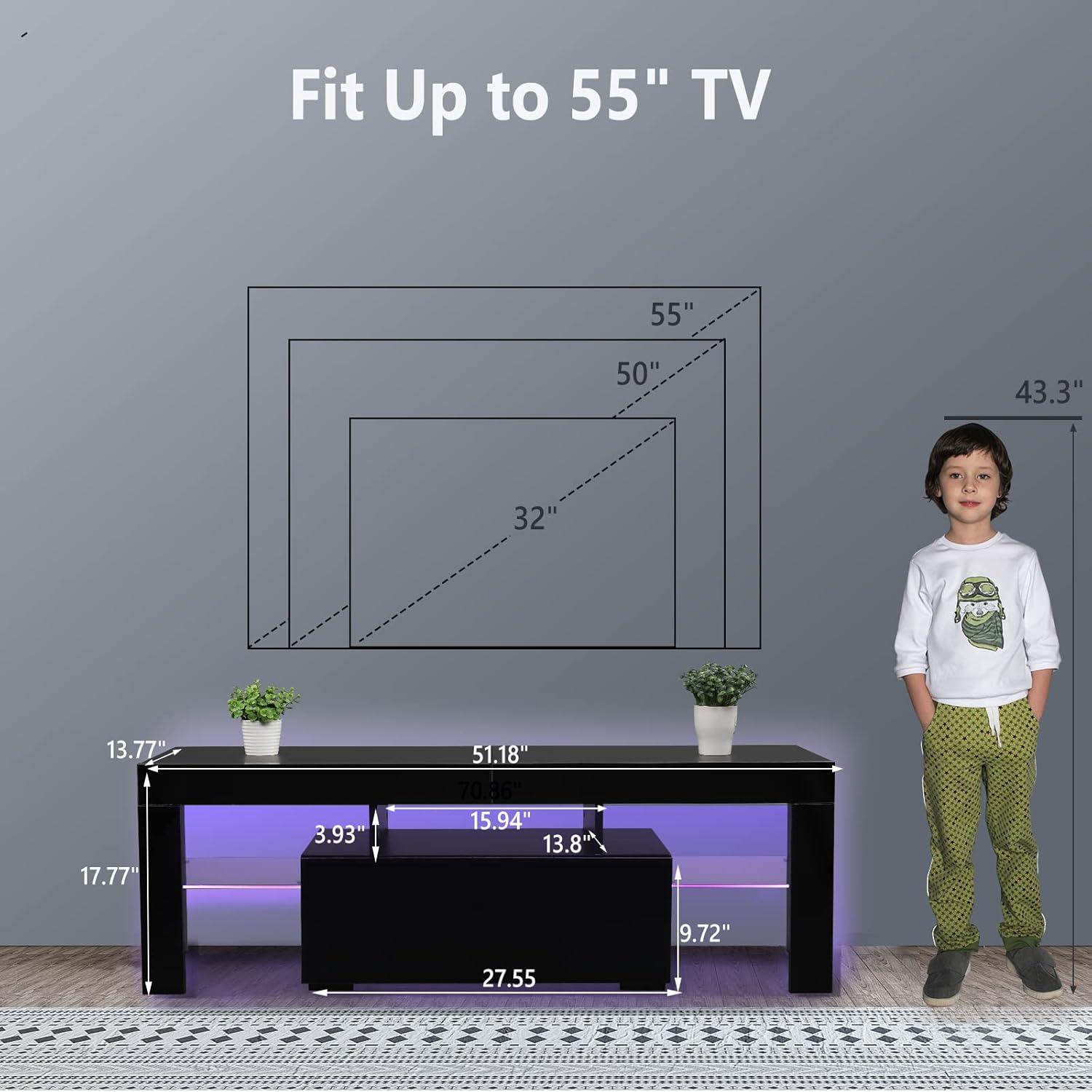 Bonnlo LED TV Stand for TVs Up to 55 Inch, Modern Entertainment Center with LED Lights and Storage for Living Room (Black, 51'' x 14'' x 18'')