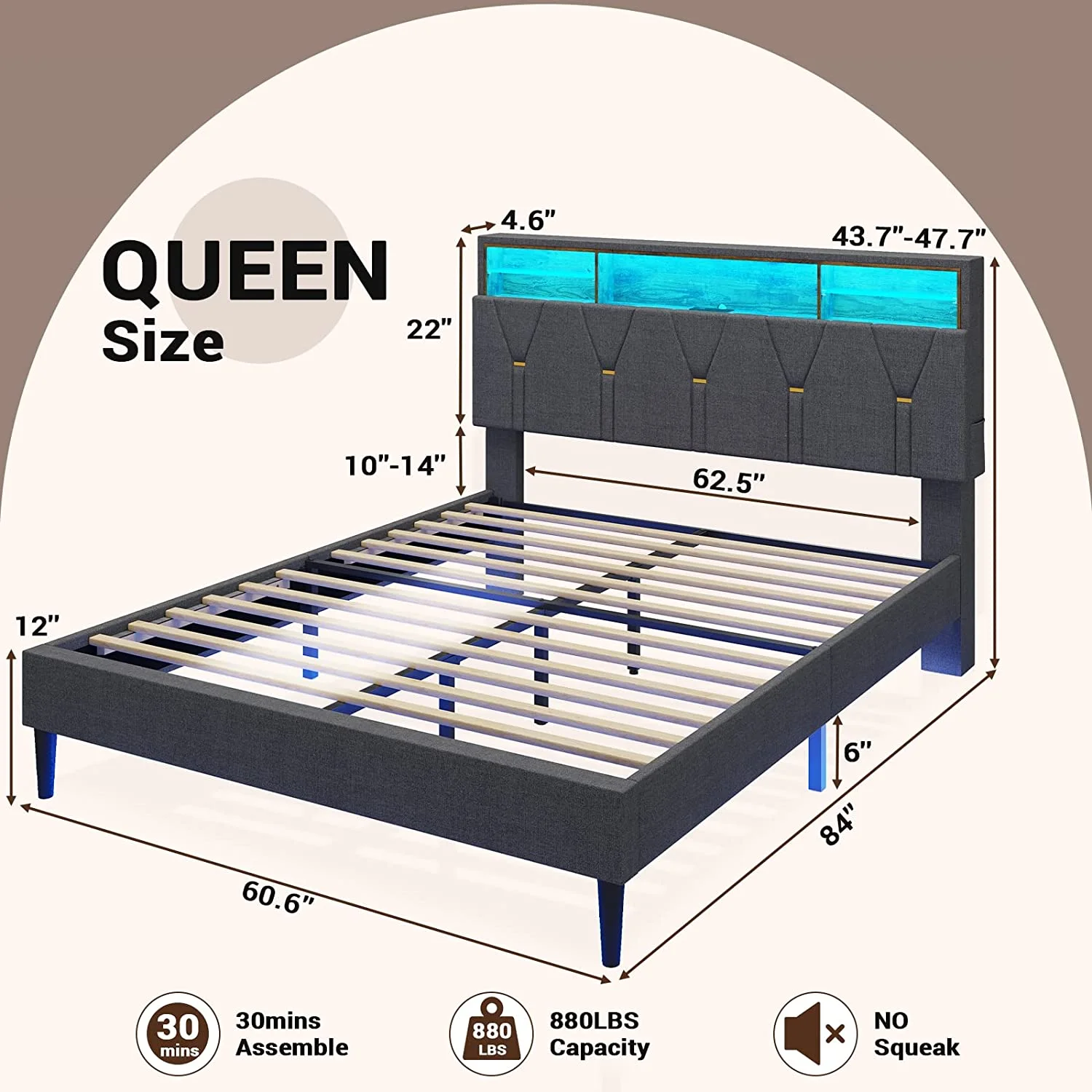 DICTAC Upholstered Platform Bed Frame with Charging Station and LED Bookcase Headboard, Queen Size, Dark Grey