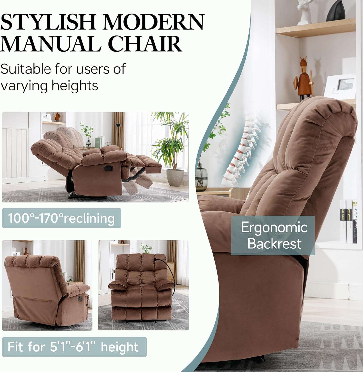 Oversized Recliner Chair 400LBS, Manual Recliner with Soft Overstuffed Arms and Back, Velvet Oversized Recliner Chair for Living Room, Bedroom, Study Room, Brown