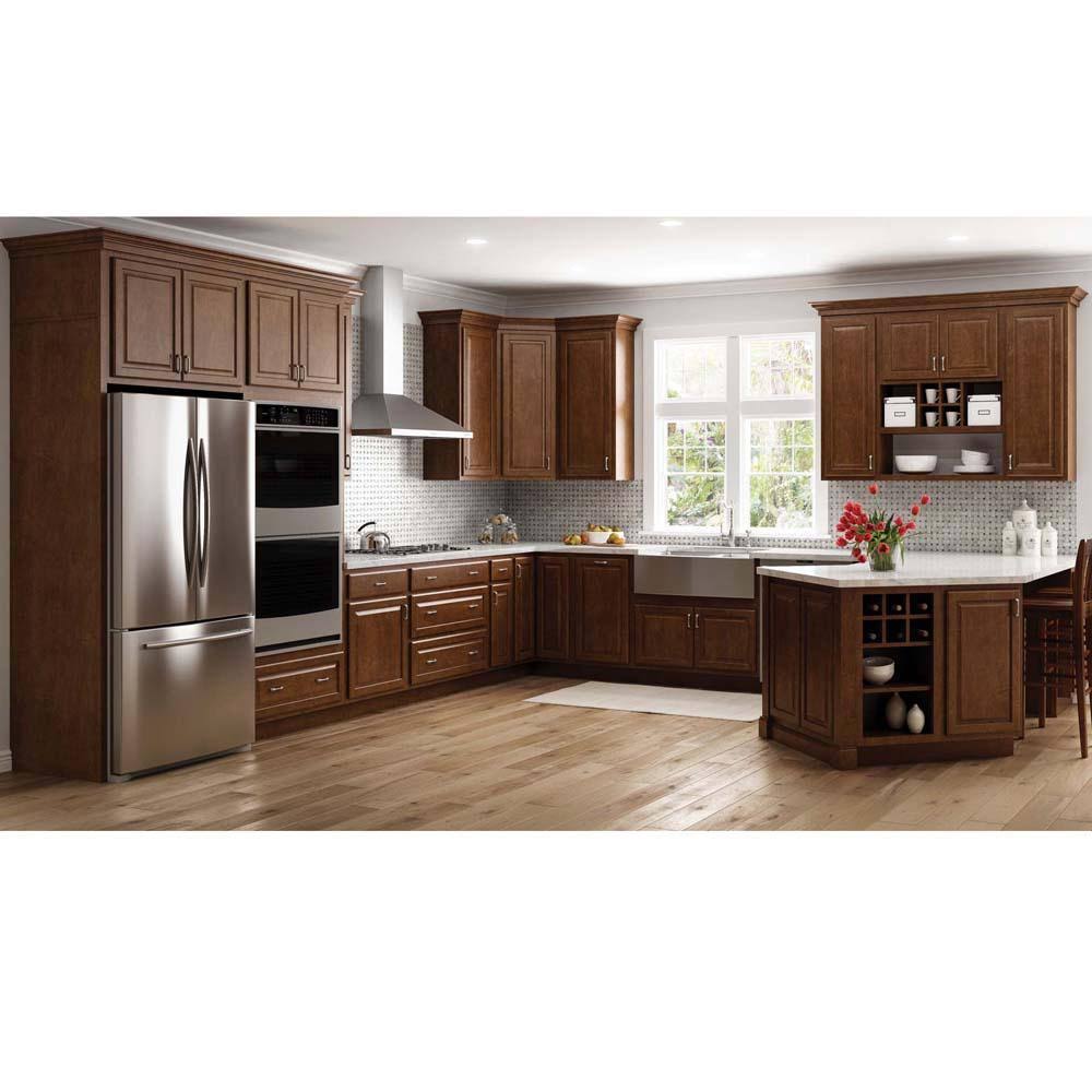 Hampton Bay Hampton Assembled 36x12x24 in. Above Refrigerator Deep Wall Bridge Kitchen Cabinet in Cognac, Red
