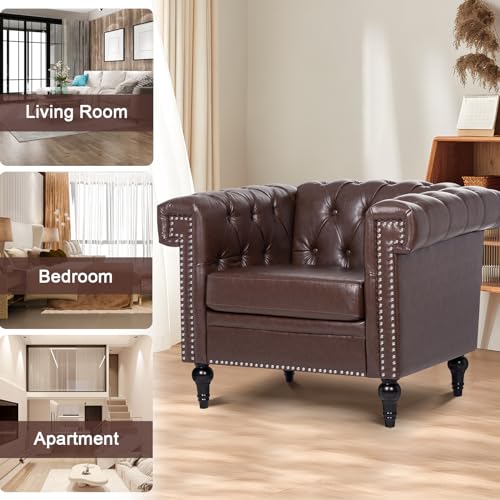 Chesterfield Chair Leather, Square Arm Tufted Back Upholstered Single Sofa Chair, Club Armchair With Nailheads and Solid Wood Legs, Chesterfield Chair for Living Room Office Reading Room (Brown)