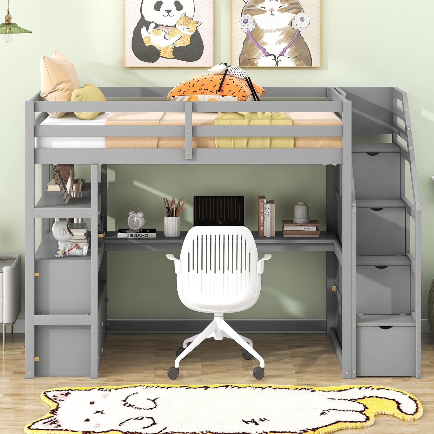 Size Loft Bed With Stairs And Desk, Solid Wood Loft Bed With Bookshelf And Drawers, High Loft Bed Frame With Storage Staircase For Kids Teens, Gray
