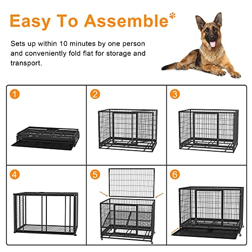 54/48/42/38 inch Heavy Duty Indestructible and Escape-Proof Dog Crate Cage Kennel for Large Dogs, High Anxiety Dog Crate with Removable Wire Trays and Wheels, Extra Large XL XXL