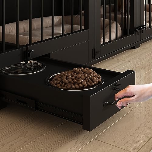 Furniture Style Large Dog Crate for 2 Dogs, 86.6" Heavy Duty Wooden Dog Kennel with Dog Bowl Drawers & Divider, Indoor Furniture Style Dog Kennel for Large Medium Dogs, Black