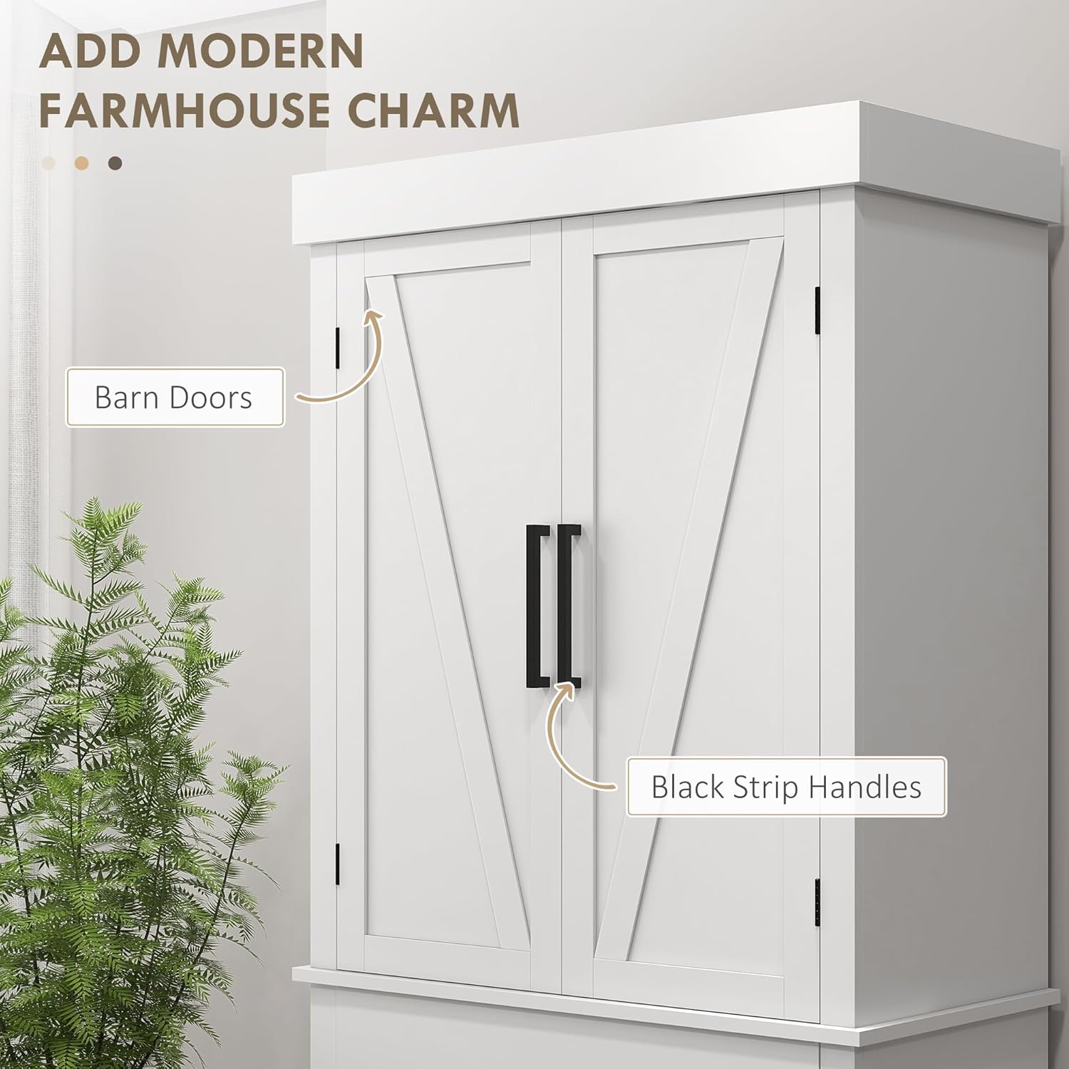 HOMCOM 72" Tall Kitchen Pantry Storage Cabinet, Farmhouse Freestanding Kitchen Cabinet with 4 Barn Doors, Drawer, 5-Tier Shelf and Adjustable Shelves, White