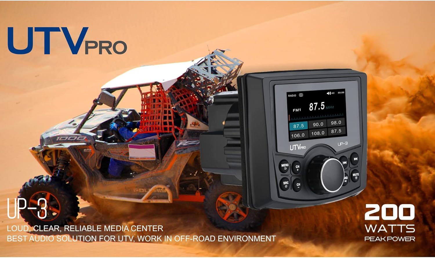 Powersports UTV Stereo AM/FM with Bluetooth Streaming 3 Zone, Compatible to Rear View Camera, External Amplifier Switch on/Off