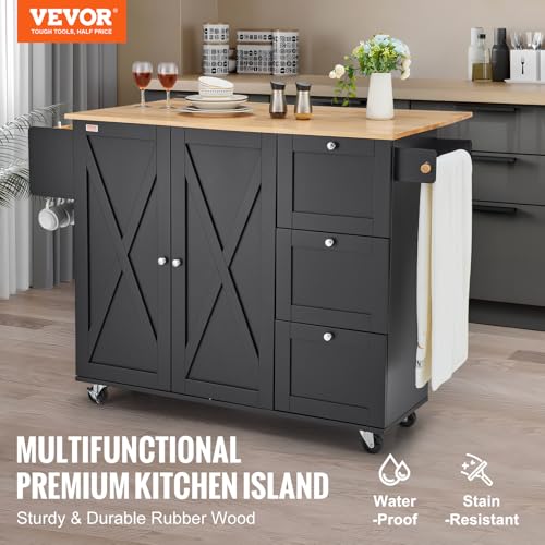 VEVOR Kitchen Island Cart with Solid Wood Top, 35.4" Width Mobile Carts with Storage Cabinet, Rolling Kitchen Table with Spice Rack, Towel Rack, and Drawer, Portable Islands on Wheels, White