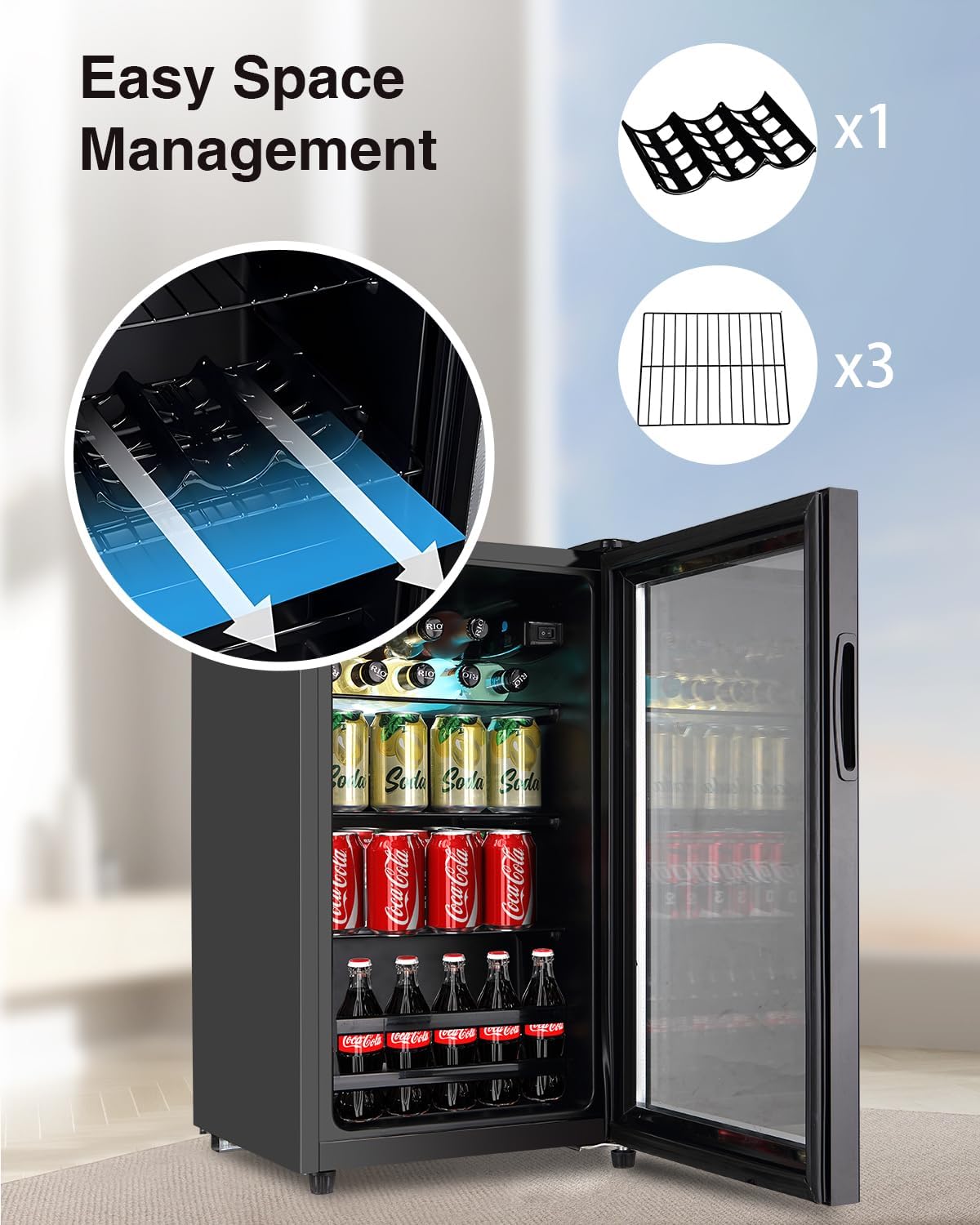 Beverage Refrigerator Cooler - 120 Can Freestanding Beverage Cooler with Glass Door - Small Drink Dispenser Machine for Office or Bar with Adjustable Removable Shelves