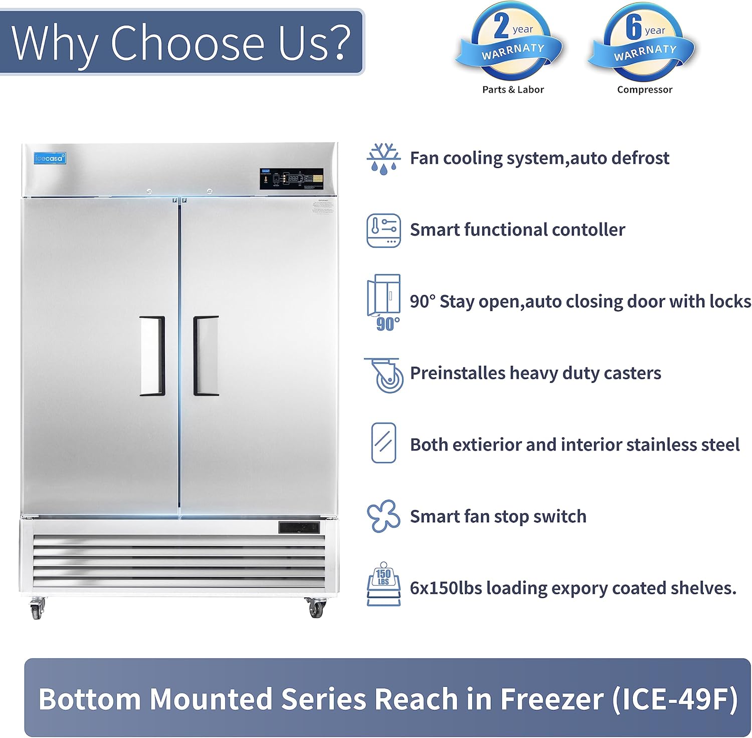 54"Commercial Freezer with 2 Solid Door Reach-in 49 Cu.ft Stainless Steel Commercial Freezer Fan Cooling for Restuarant, Bar, Shop, etc