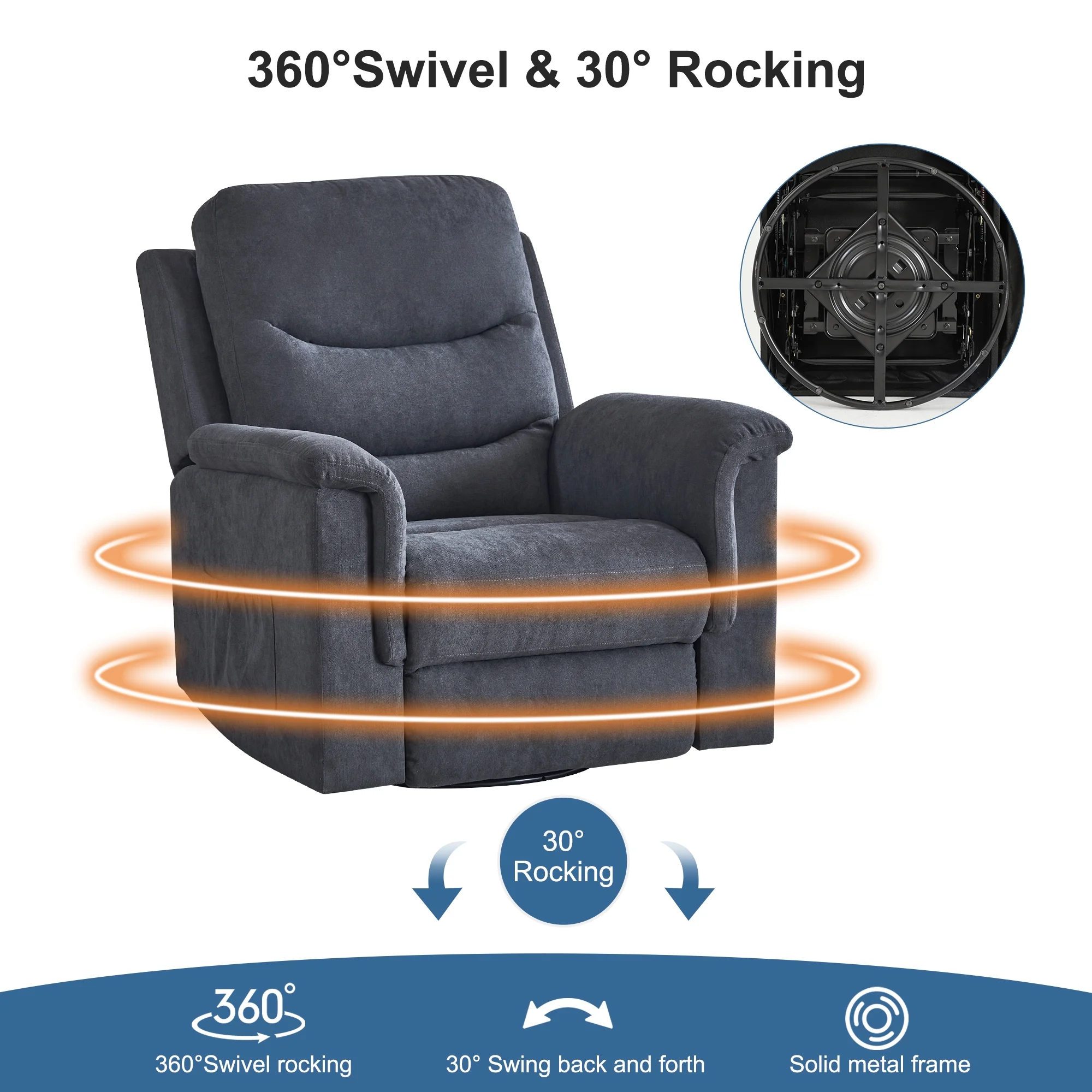 LVUYOYO Swivel Rocker Recliner Chair, Recliner Chair for Adults, Velvet Manual Rocking Chair with 360°Swivel and 30°Rocker, Rocking Chair Nursery Recliners for Living Room,Grey