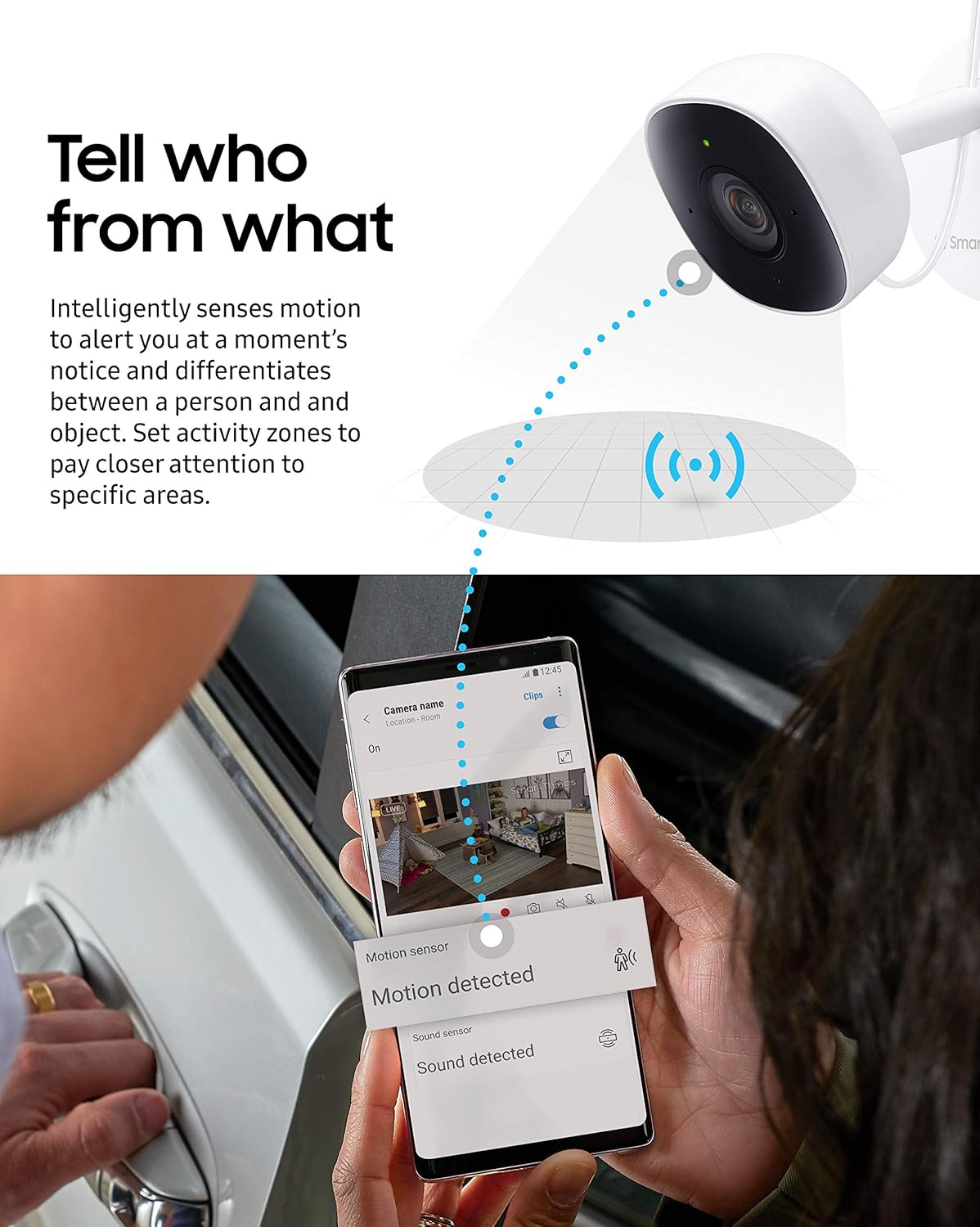 Samsung SmartThings Indoor Security Camera (GP-U999COVLBDA), 1080P HD Video with HDR, Night Vision, Advanced Motion Detection, and Two-Way Audio – Black/White