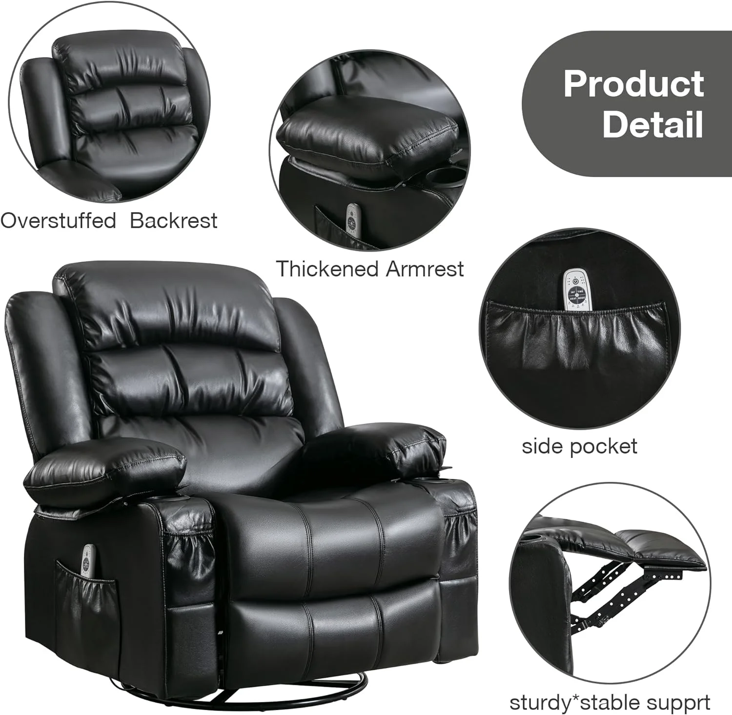Massage Chair Recliner, Power Recliner Chairs with Heat and Message, Big and Tall Recliners with USB Port, with Swivel and Rocking Function for Elderly  (Black)