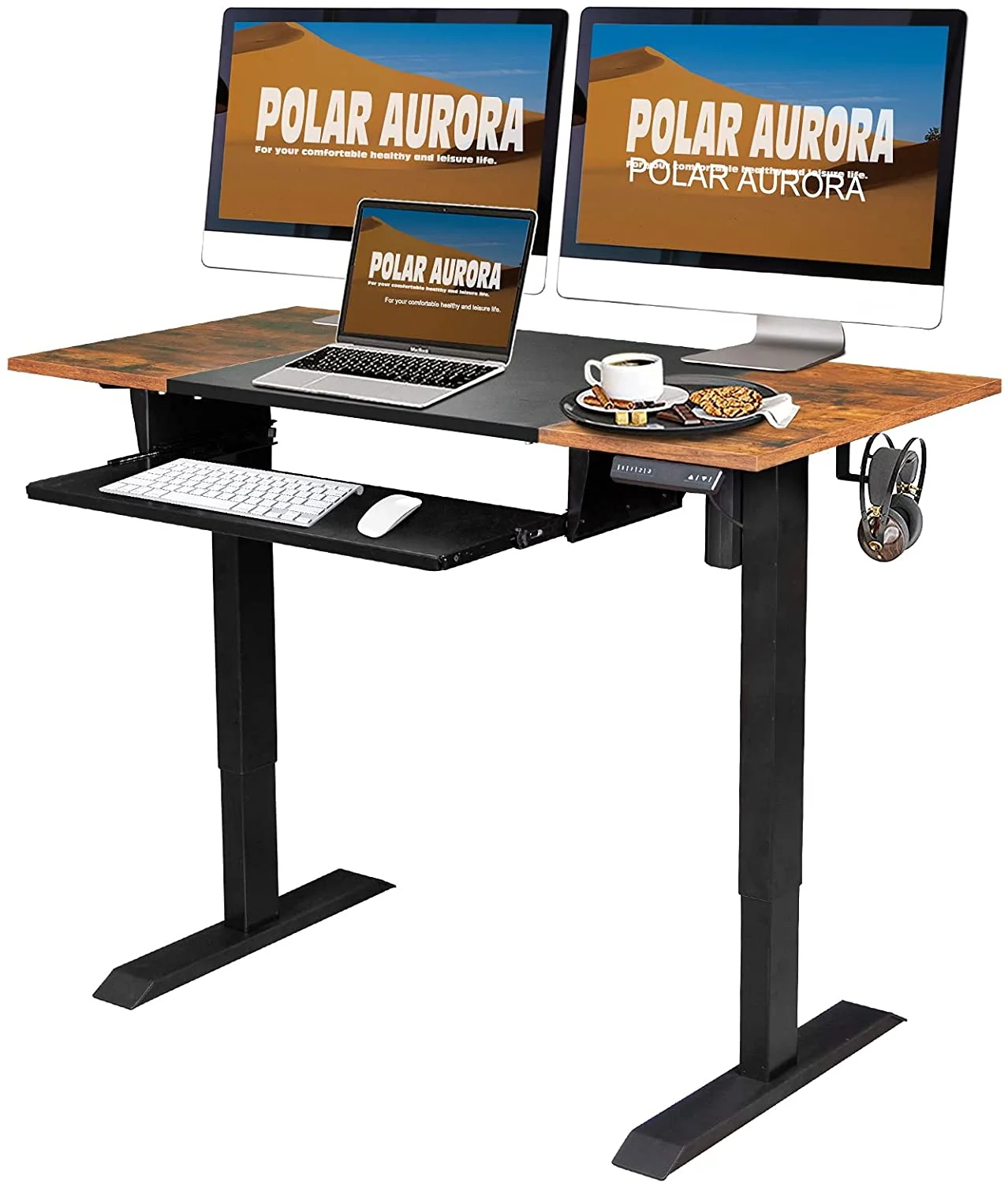 48"x24" Home Office Electric Height Adjustable Standing Desk Sit Stand Computer Workstation w/Drawers, Hook, Memory Preset, T-Shaped Metal Bracket, Splice Board, Black, Rustic Brown