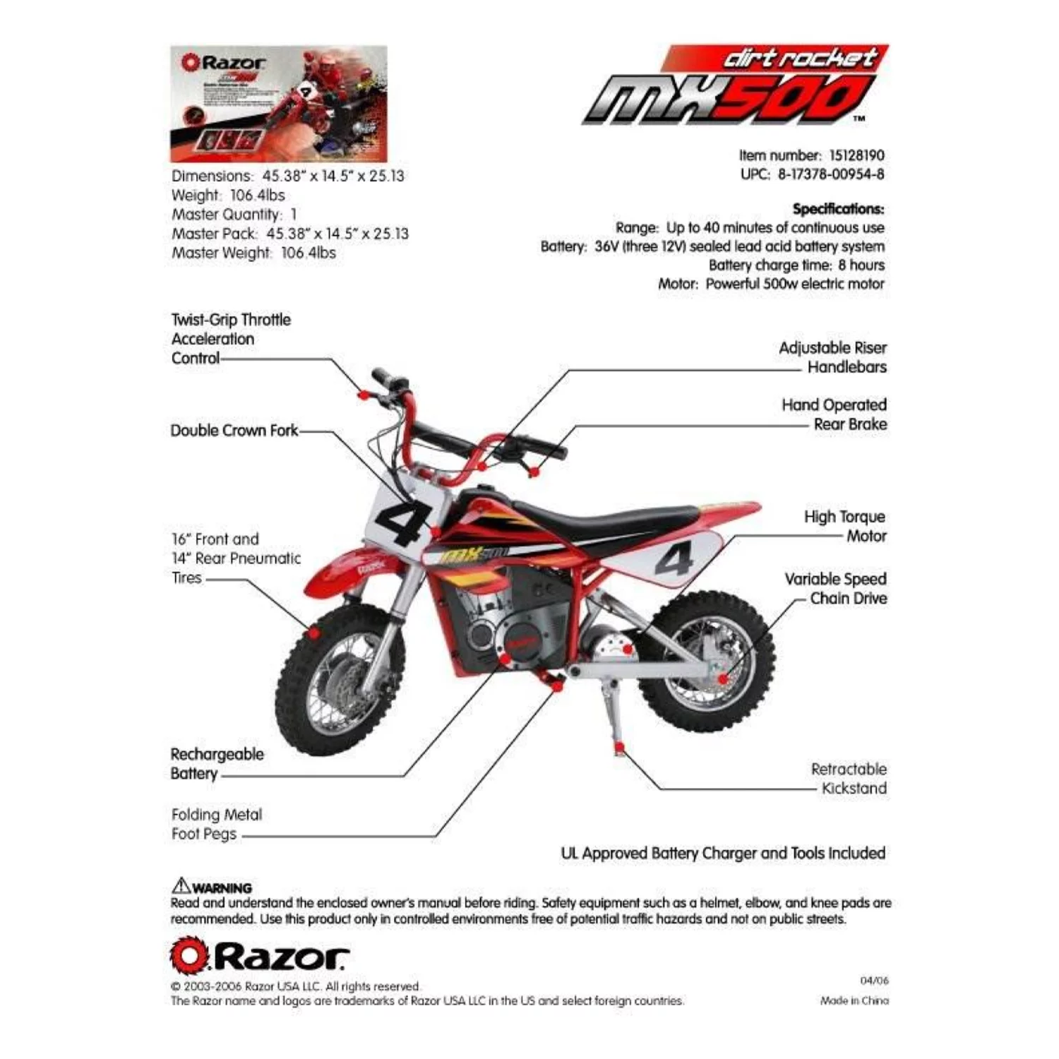 Razor MX500 Kids Dirt Rocket Supercross 15 MPH Electric Bike Motorcycle, Red