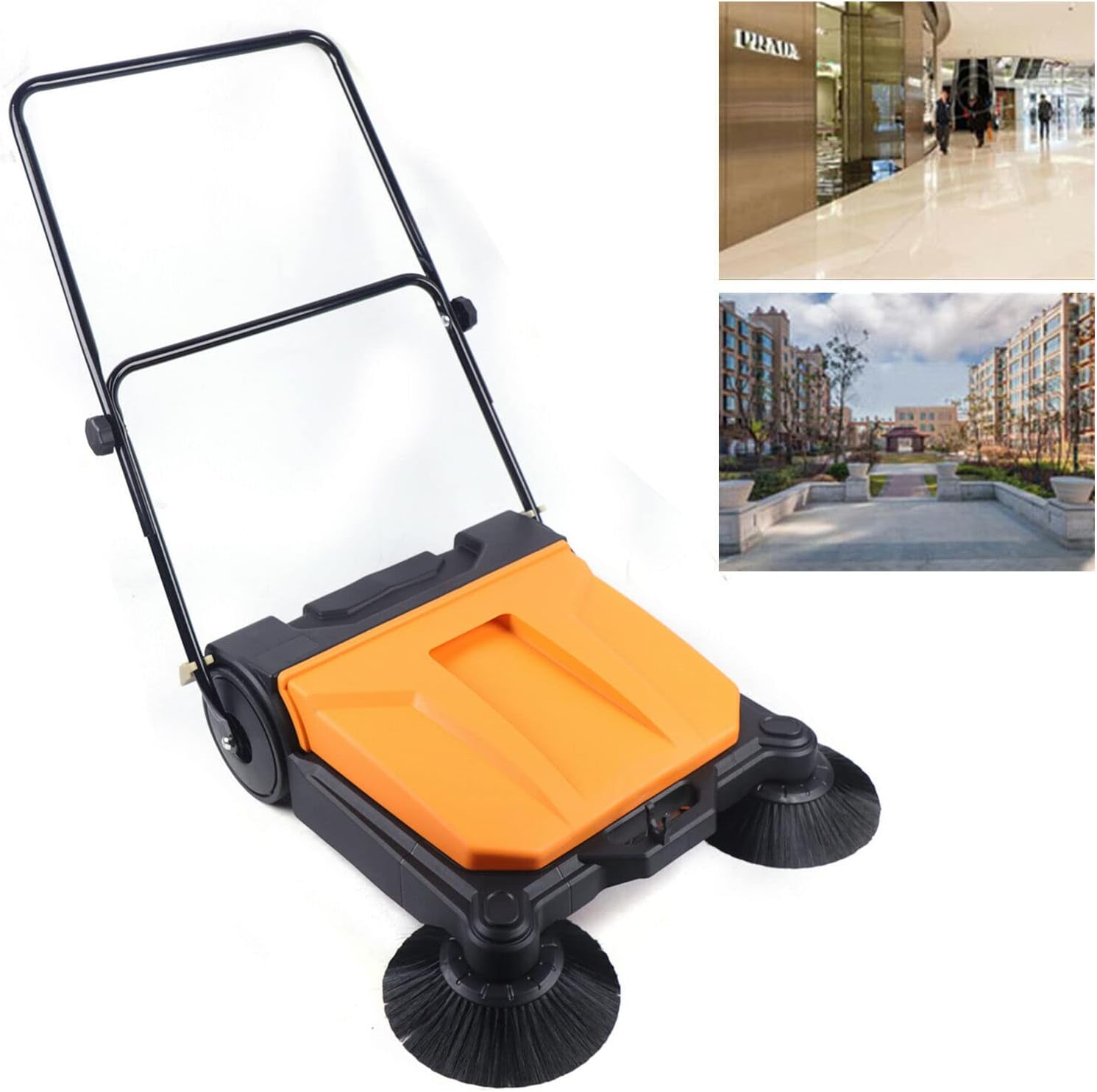 Hand-Push Electric Sweeping Brush, 26 Inch Manual Twin Push Sweeper Walk-Behind Floor Sweeper, with 15L Waste Container for Indoor/Outdoor